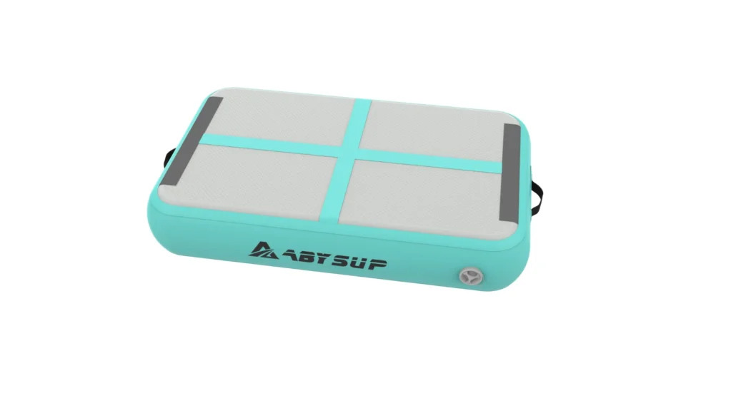 Turquoise inflatable gymnastics air mat with handles and logo on a white background.