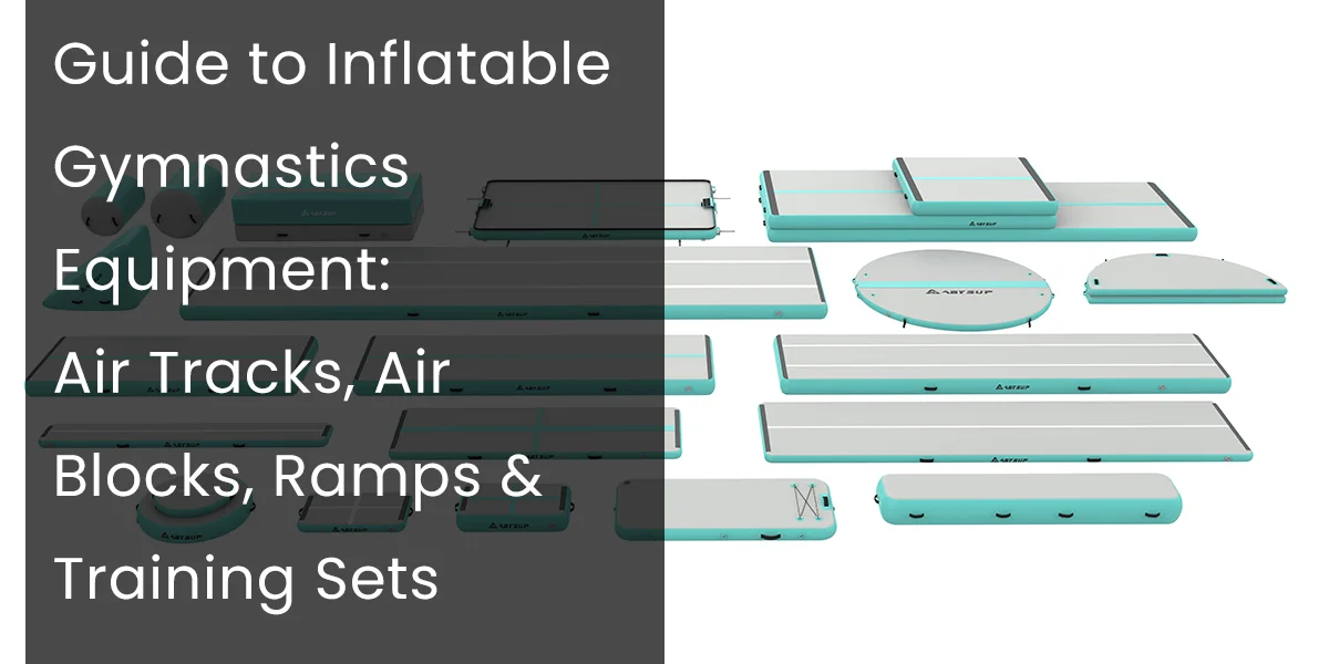 Various inflatable gymnastics equipment including air tracks, air blocks, ramps, and training sets displayed against a white background.