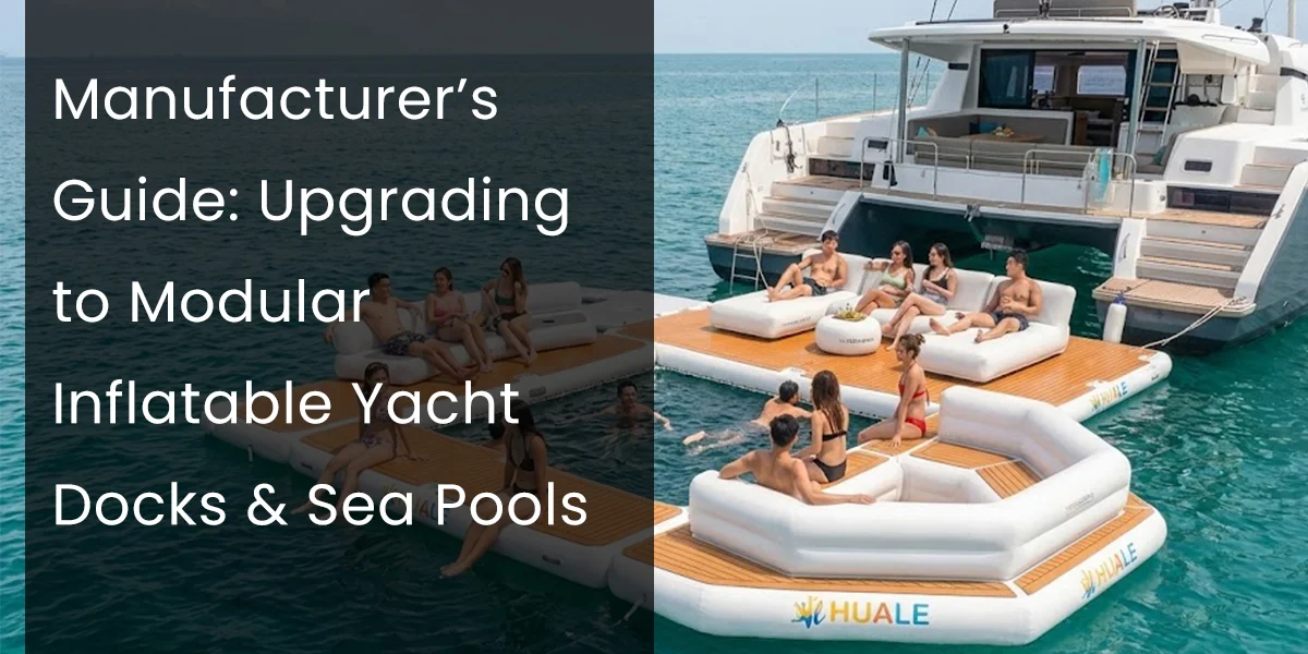 Modular inflatable docks and sea pools with people relaxing on them next to a yacht on the water.