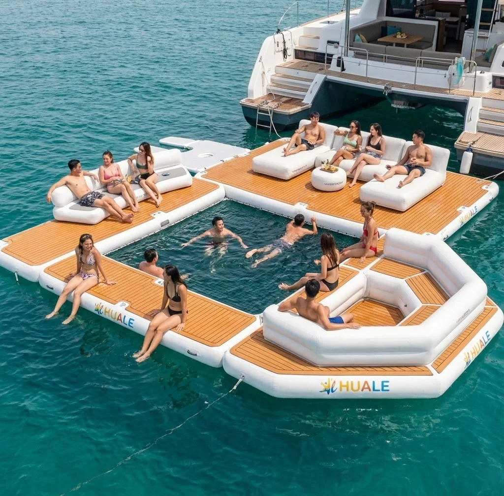Group of people enjoying a sunny day on a floating platform attached to a yacht, lounging on inflatables and swimming in the sea.