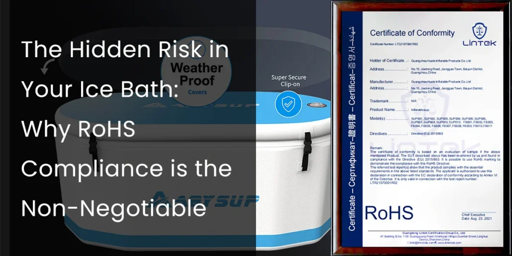 RoHS compliance certificate displayed next to an image of an ice bath with text highlighting risks and necessity for compliance.