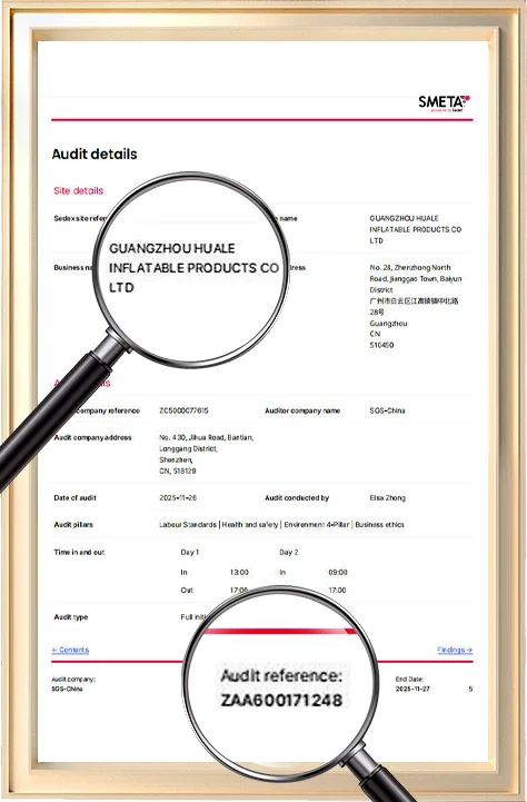 SMETA audit details document highlighting GUANGZHOU HUALE INFLATABLE PRODUCTS CO LTD and audit reference number, with magnifying glasses focusing on details.