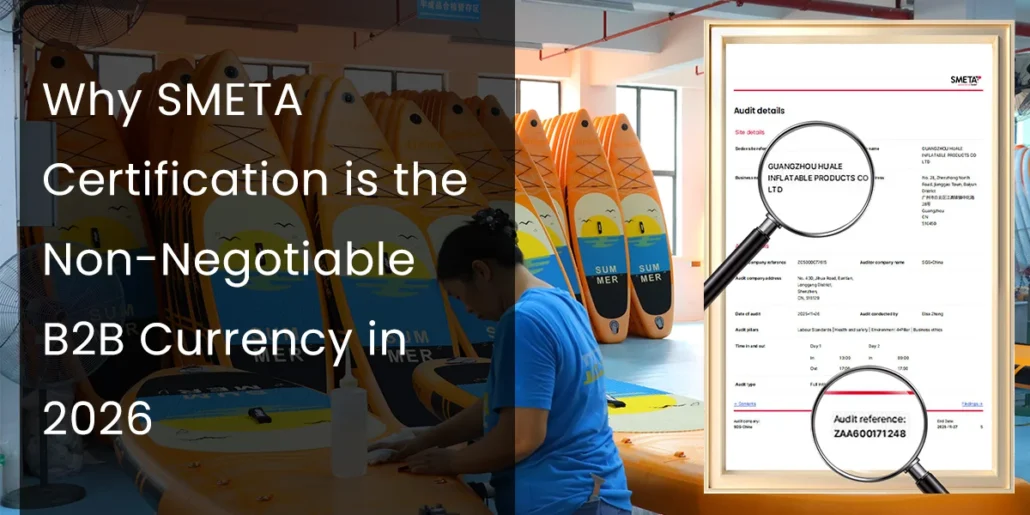 SMETA certification document overlaid on factory with worker preparing surfboards, highlighting its B2B importance in 2026.