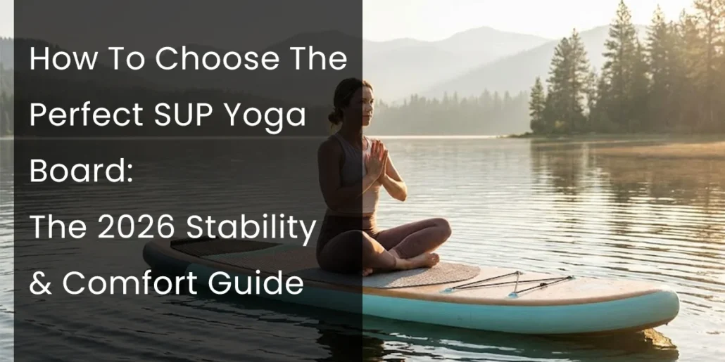 Person meditating on a SUP yoga board in a serene lake setting with mountains in the background.