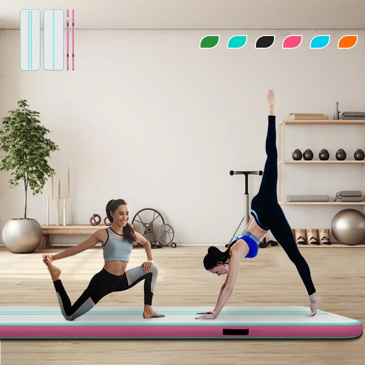 Two women practicing yoga on an inflatable air mat, with one performing a stretching pose and the other in a handstand position.