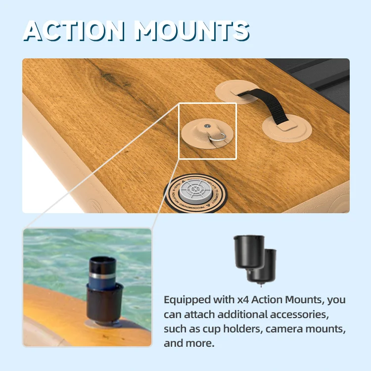 Close-up of action mounts on a wooden surface with options to attach accessories like cup holders and camera mounts.