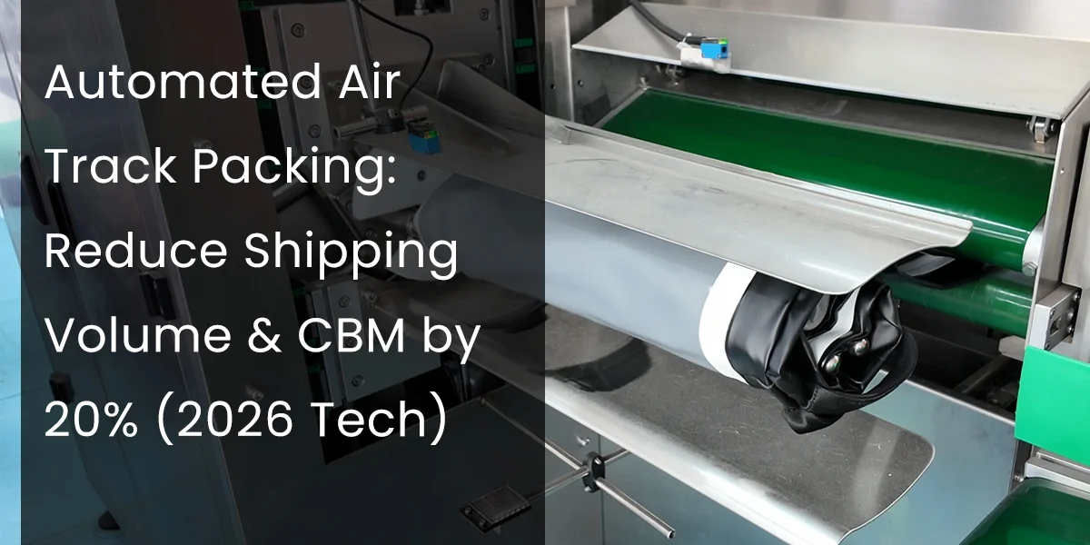 An automated packing machine with a conveyor belt, designed to reduce shipping volume and CBM by 20% using 2026 technology.