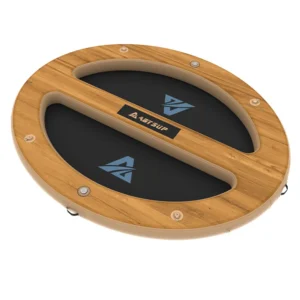 A circular wooden balance board with a black center and blue geometric logos, designed for fitness and stability exercises.