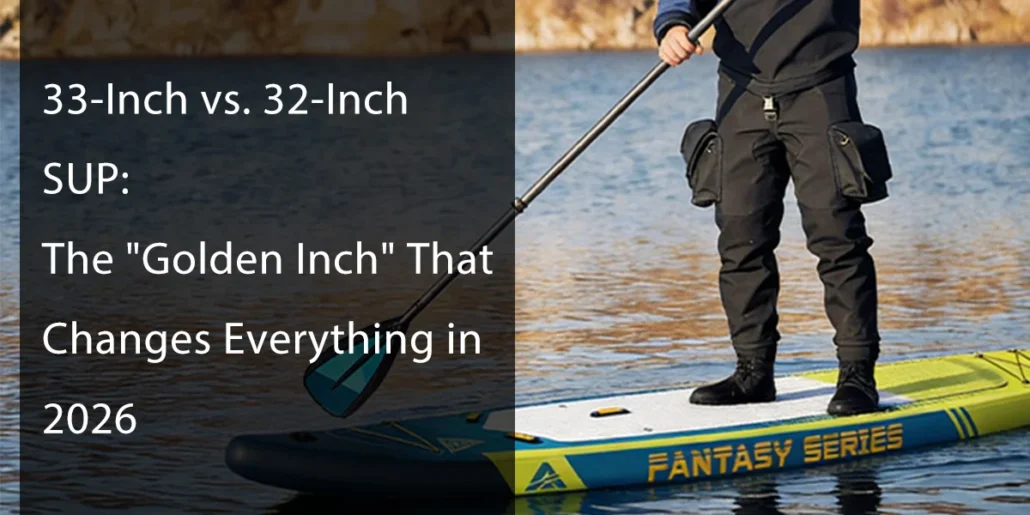 Person standing on a Fantasy Series paddleboard holding a paddle, highlighting the difference between 33-inch and 32-inch SUPs.