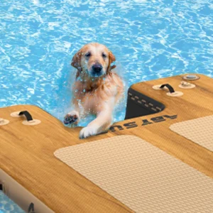 Golden retriever climbing out of a swimming pool onto a floating platform with water splashes around.