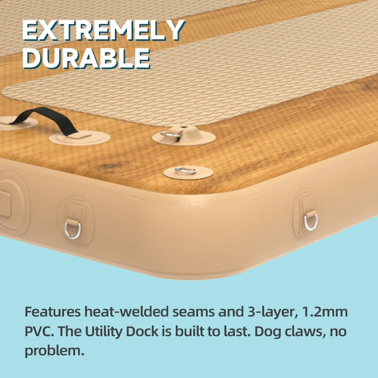 Close-up of a durable utility dock with heat-welded seams and 3-layer PVC construction, featuring durability against dog claws.