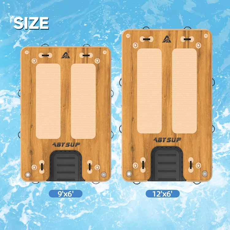 Two wooden floating docks shown on water, with the sizes 9'x6' and 12'x6' displayed, set against a watery background.