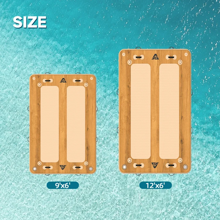 Two floating water mats with wood-like texture shown on blue water background, sizes 9'x6' and 12'x6'.