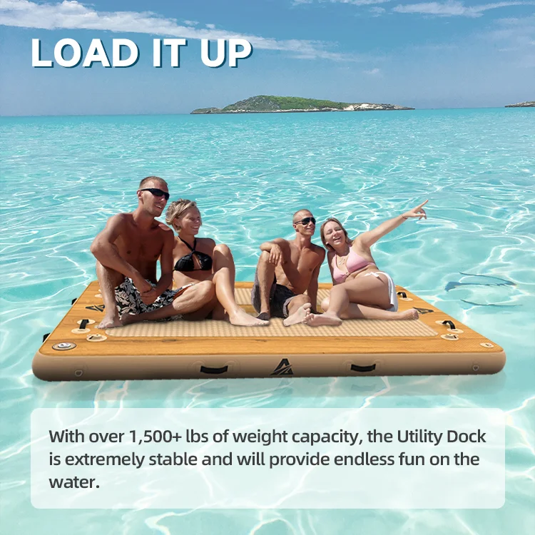 Four people sitting on a sturdy inflatable dock in clear turquoise water. Text overlay highlights dock's weight capacity.