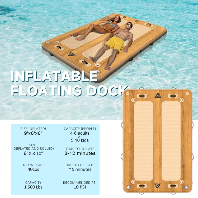 Two people relaxing on an inflatable floating dock in a pool. Features include size, capacity, and inflation time.
