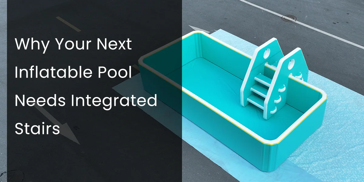 A turquoise inflatable pool with integrated stairs placed on a blue mat outdoors.