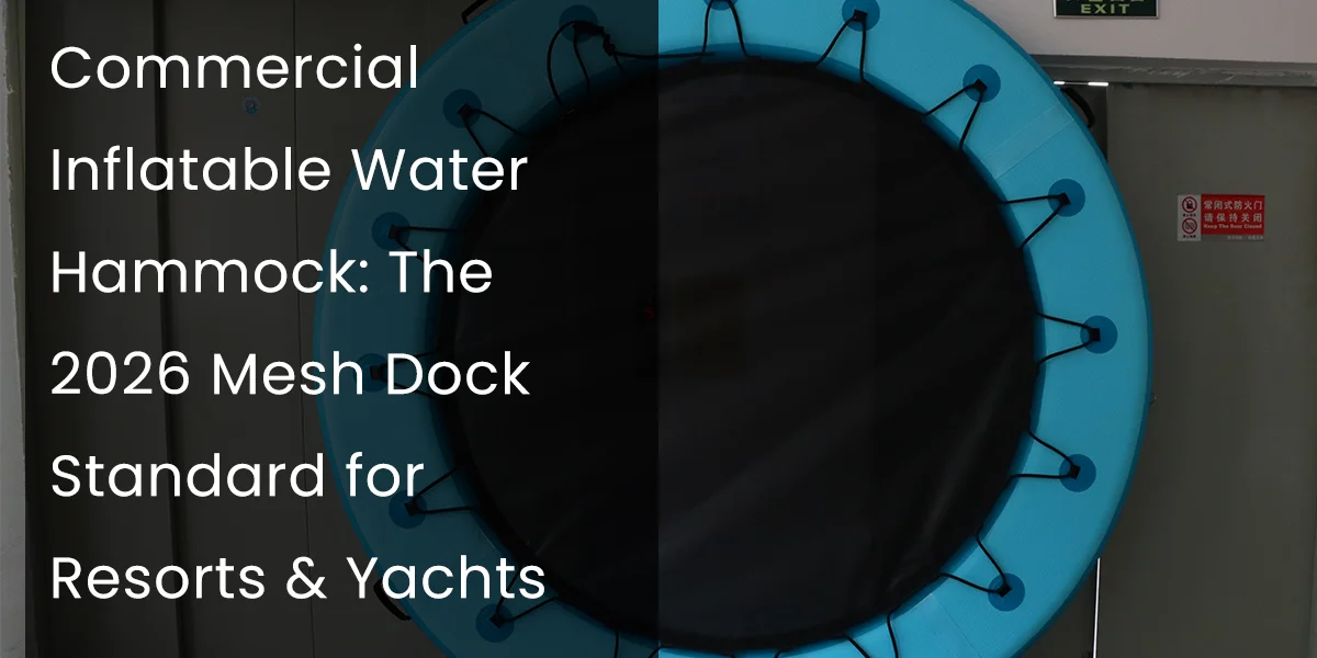 Inflatable water hammock with a blue outer ring and black center, marketed as a commercial mesh dock standard for resorts and yachts.