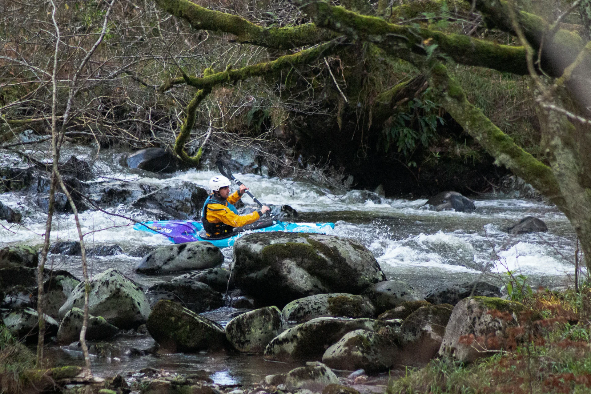 A kayaker in a yellow jacket and helmet paddling through a rocky stream surrounded by trees.