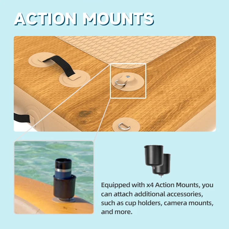 Close-up of action mounts on a paddleboard for attaching accessories like cup holders and camera mounts.