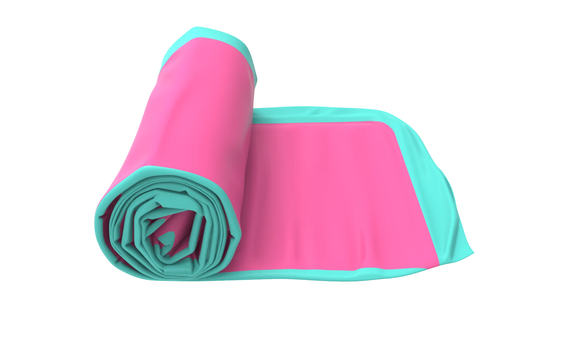 A roll of pink and turquoise mat partially unrolled, showing contrasting colors and simple design.