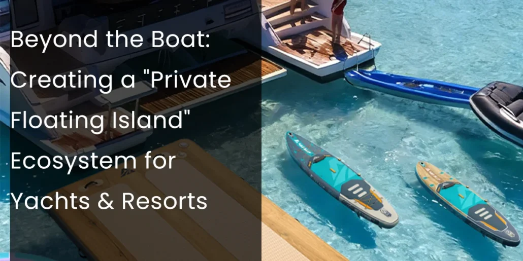 Floating deck with paddle boards and person standing on a yacht in clear blue water, promoting a private floating island ecosystem.