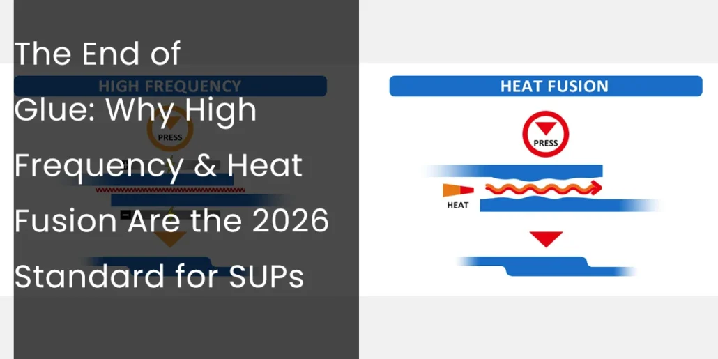 Illustration of high frequency and heat fusion methods in SUP manufacturing with text about end of glue as a standard by 2026.
