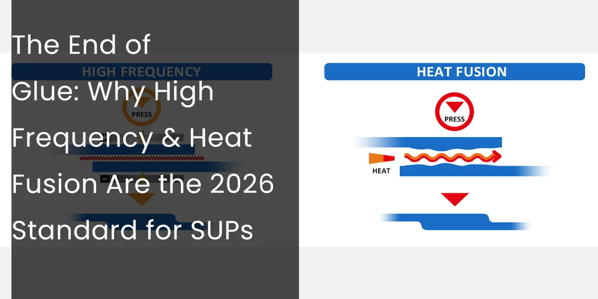 Illustration of high frequency and heat fusion methods in SUP manufacturing with text about end of glue as a standard by 2026.