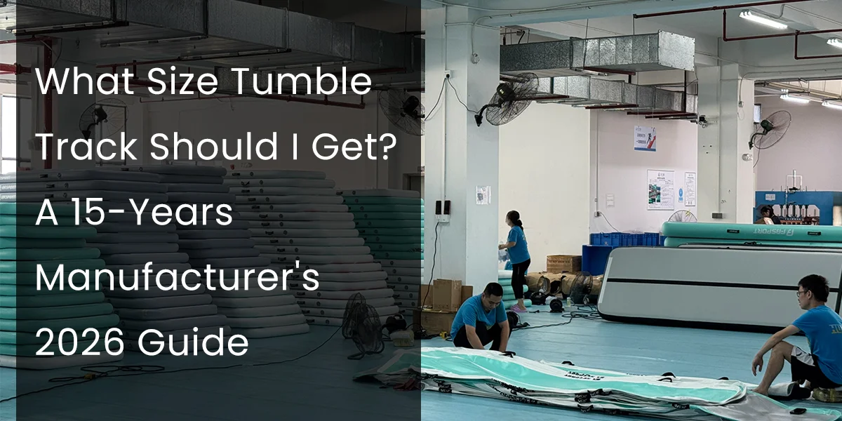 Factory workers assembling tumble tracks in a manufacturing facility, with stacks of materials and equipment visible.