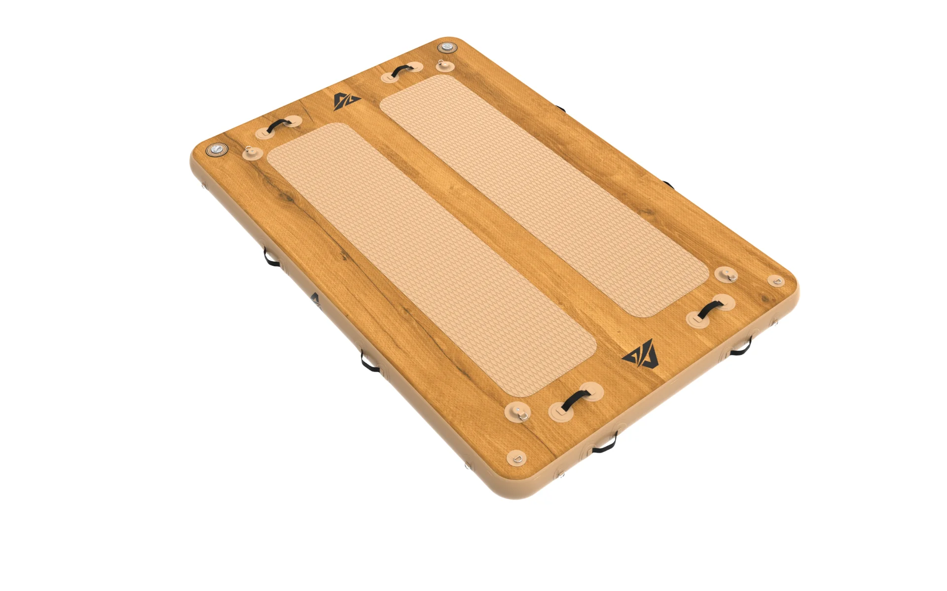 A wooden inflatable floating platform with handles and textured pads, designed for outdoor water activities.