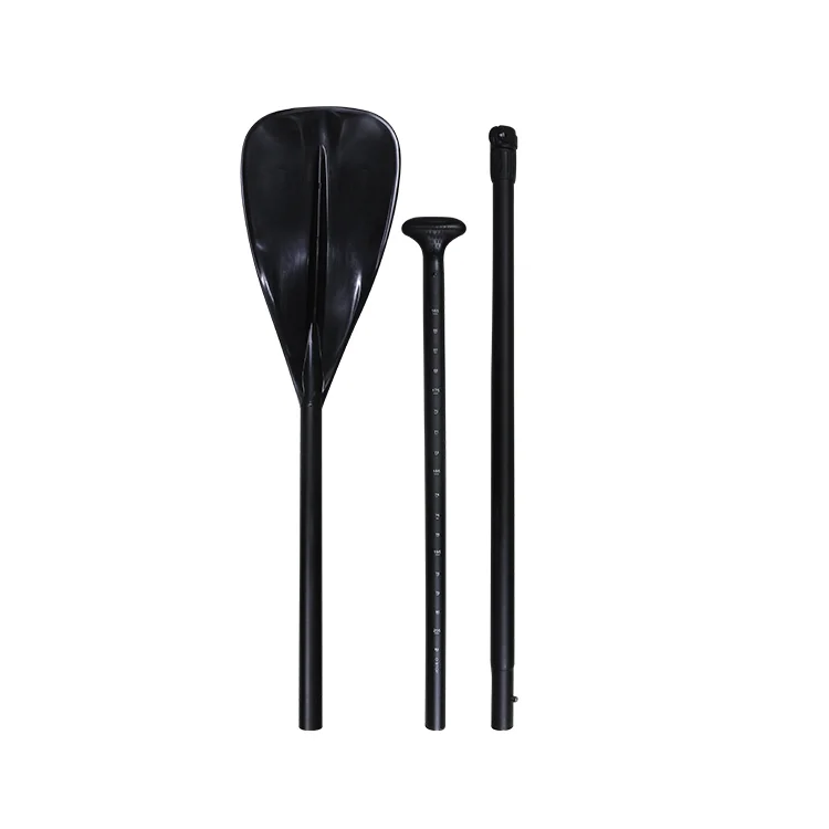 Three-piece black adjustable kayak paddle with blade and two shaft pieces.