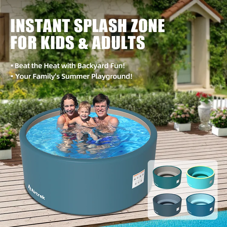 Family enjoying an inflatable pool in a backyard setting with promotional text highlighting summer fun.