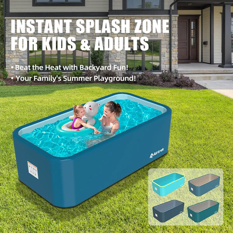Two children playing in a rectangular blue inflatable pool in a backyard, with text promoting summer fun for kids and adults.
