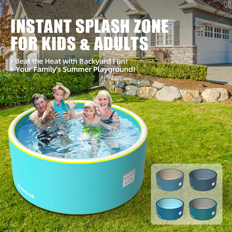 Family enjoying an inflatable pool in a sunny backyard, with text promoting a splash zone for kids and adults.