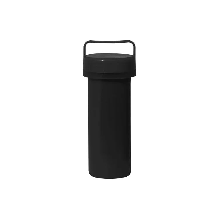 A black cylindrical container with a handle on top, designed for storage or transport.