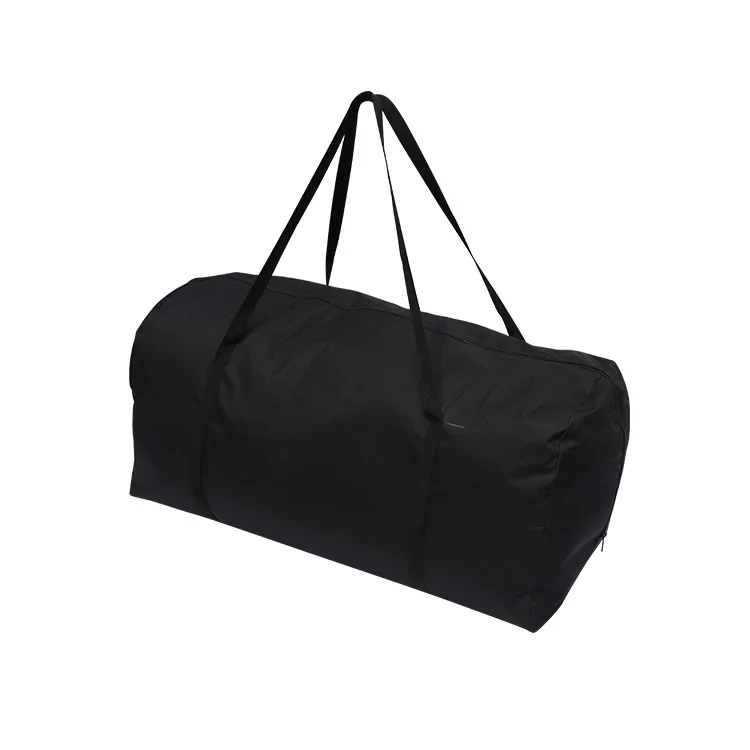 A large, plain black duffel bag featuring sturdy handles, ideal for travel or sports use.