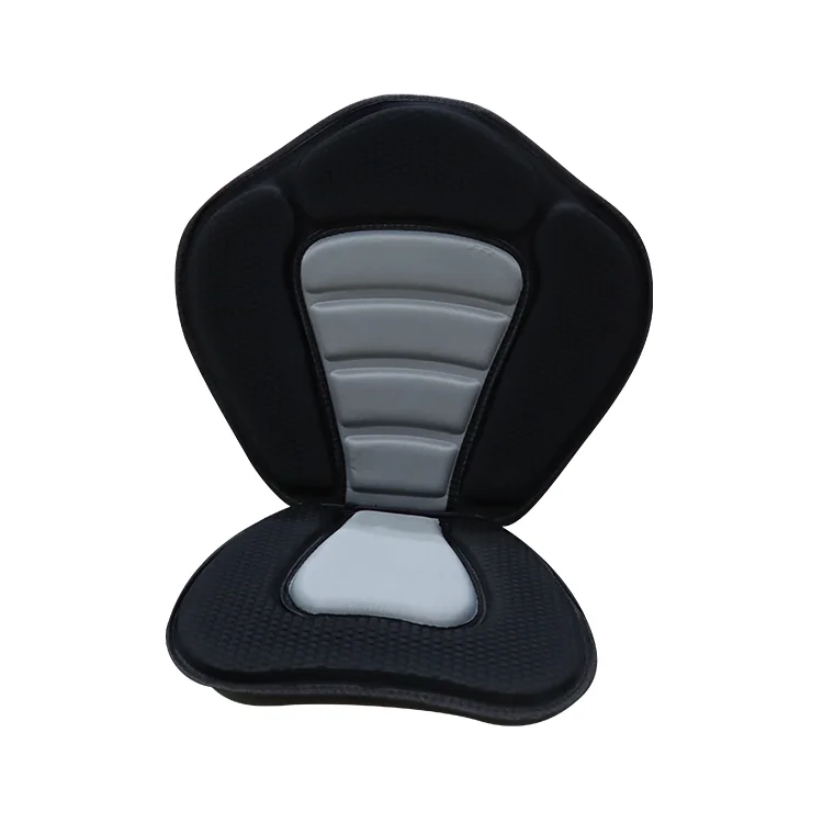 Black kayak seat with gray cushioning, designed for comfort and support, suitable for kayaking activities.
