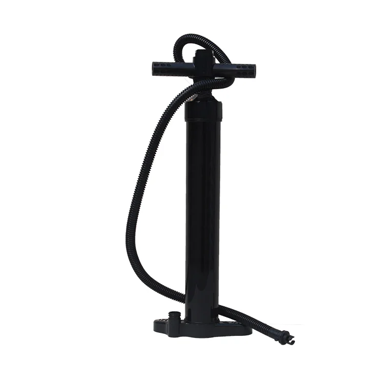 Black hand pump inflator with a flexible hose and T-shaped handle, designed for inflating various objects like inflatables or sports equipment.
