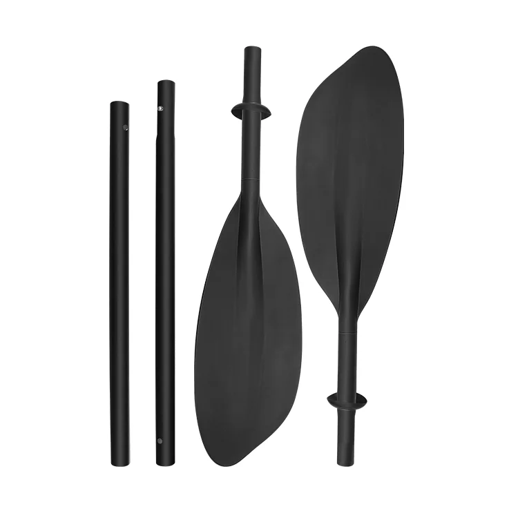 Black kayak paddle set including two blades and connecting shafts, laid out for assembly.