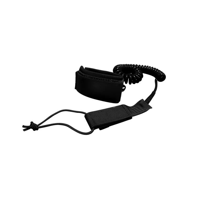 Black coiled surfboard leash featuring an adjustable ankle strap, with a durable coiled cord extending from it.