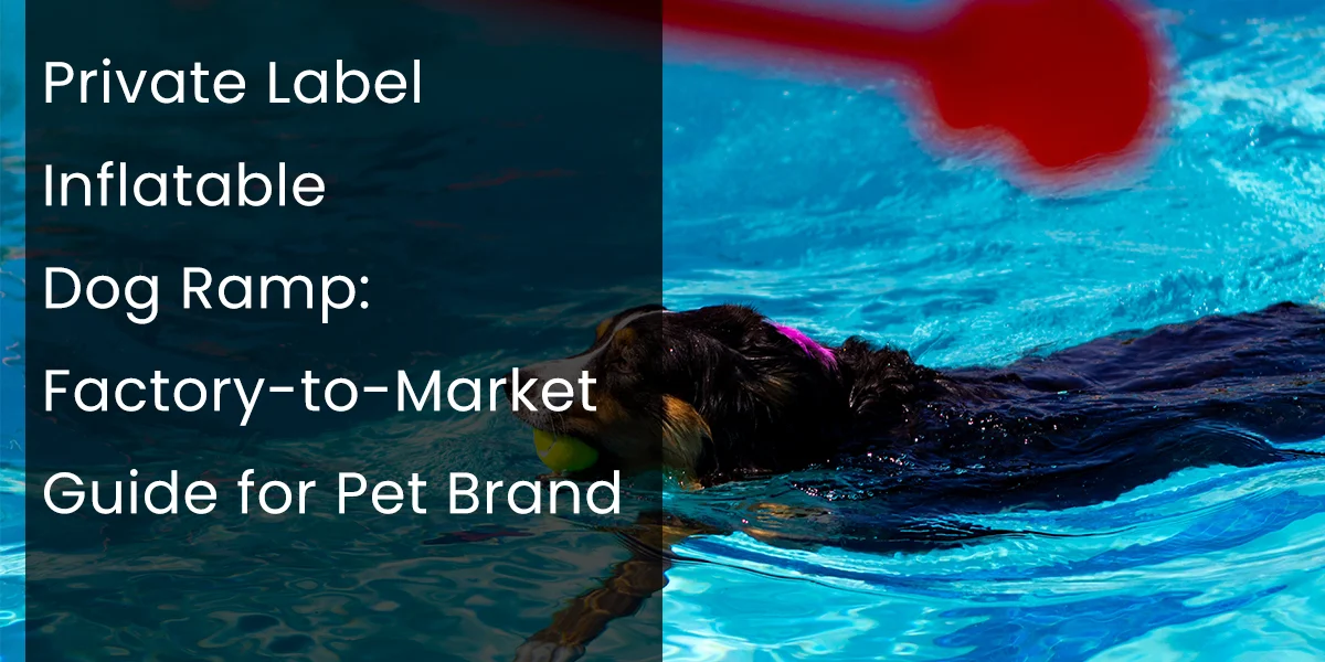 A dog swimming in a clear blue pool holding a ball, with a red object above the water and text about an inflatable dog ramp.