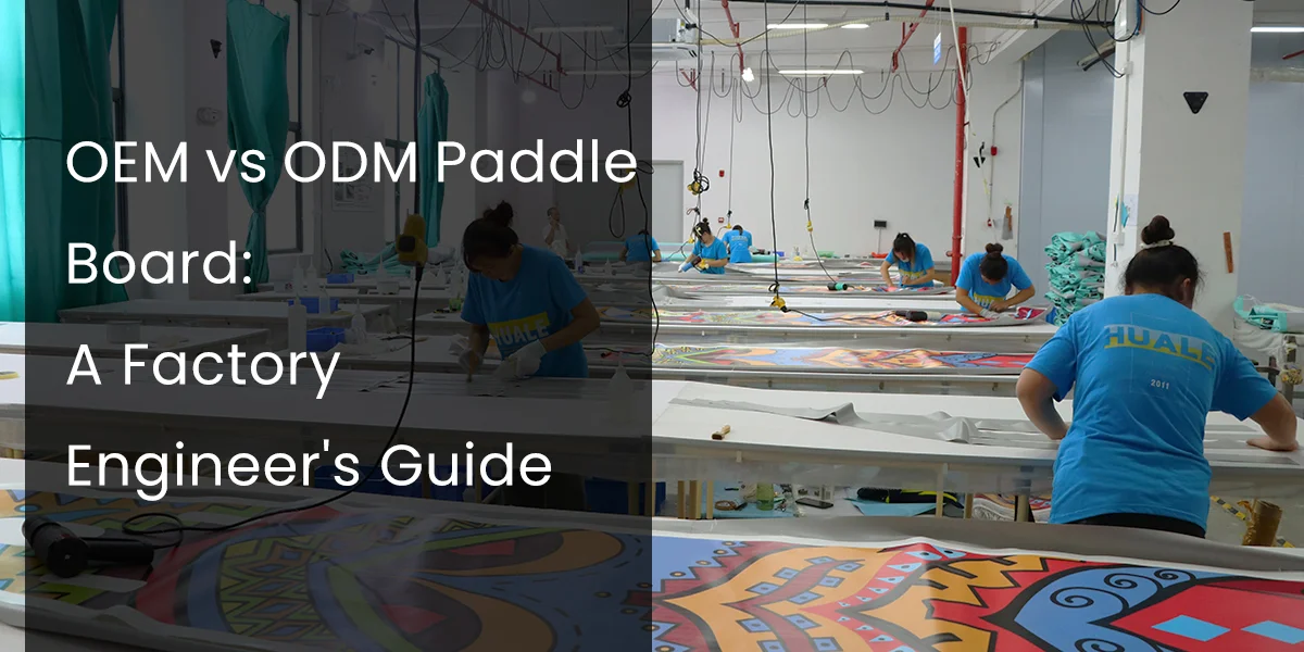 Factory workers in blue shirts assembling paddle boards with colorful designs in a well-lit workshop.