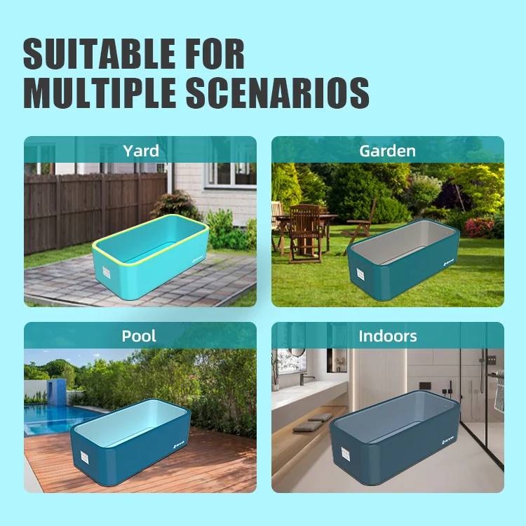 Four images of a foldable tub placed in different locations: a yard, garden, poolside, and indoors.