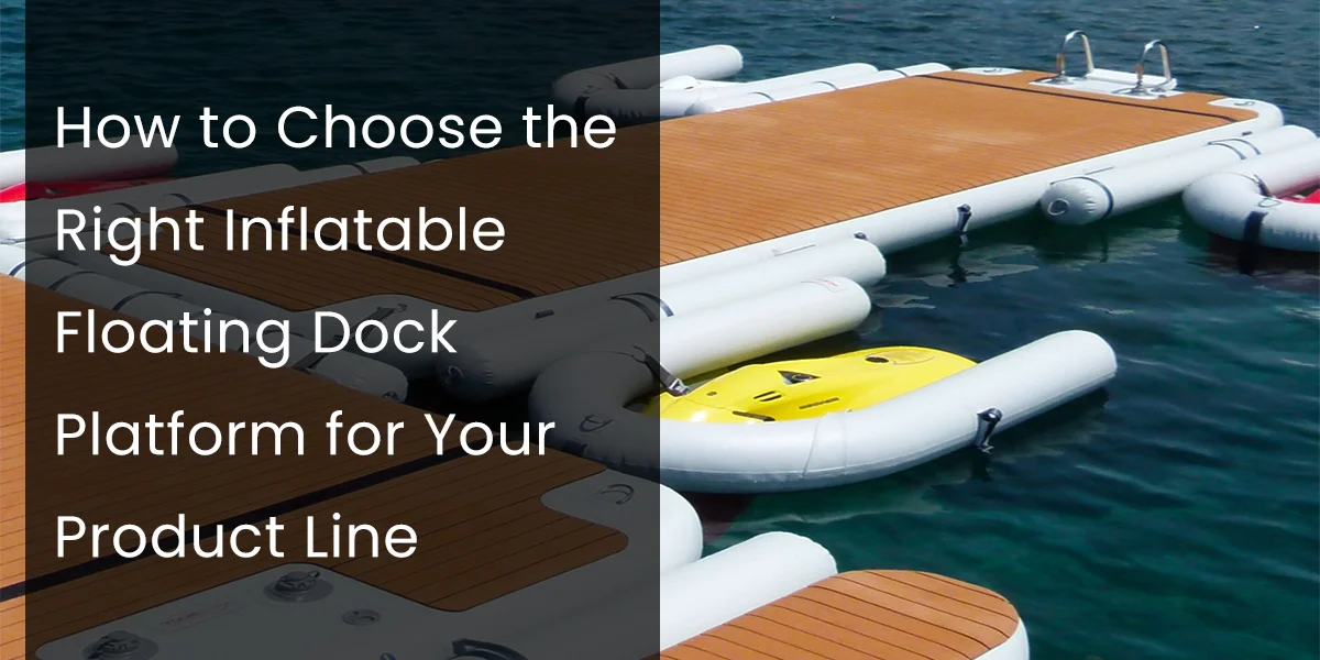 Inflatable floating dock platform with wooden surface on water, featuring a ladder and attached yellow watercraft.