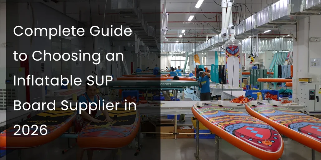 Factory interior showing rows of colorful stand-up paddle boards in production with workers operating machinery.