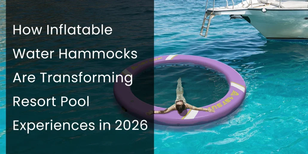 Person relaxing on an inflatable water hammock in clear blue resort pool water next to a boat.