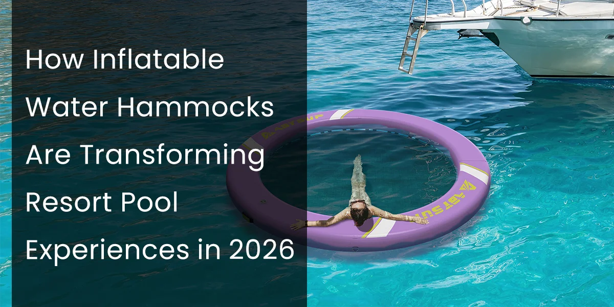 Person relaxing on an inflatable water hammock in clear blue resort pool water next to a boat.