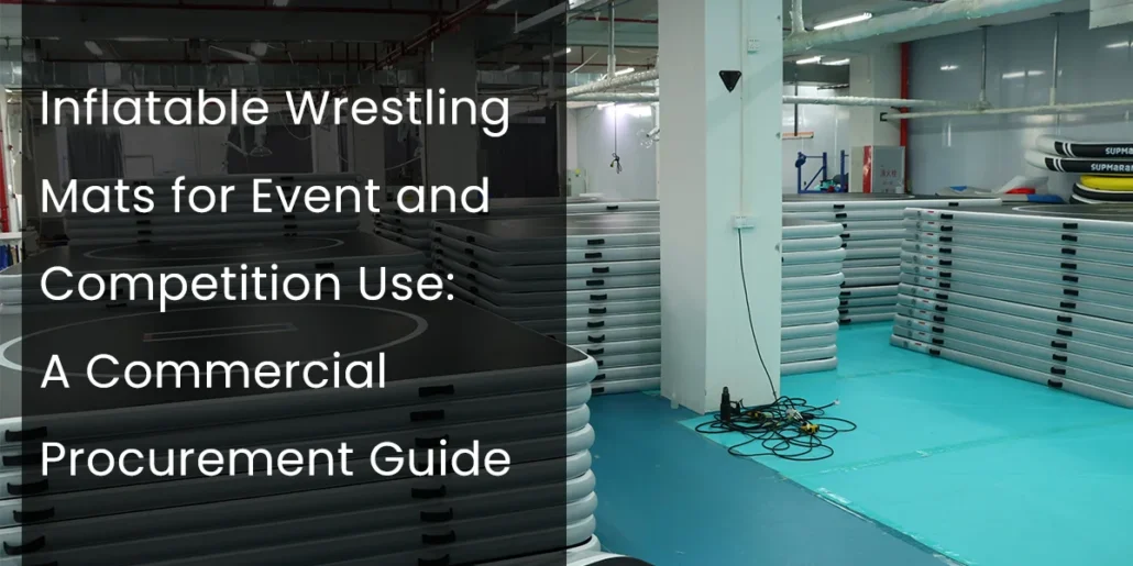 Stacks of inflatable wrestling mats in a storage area, indicating commercial use for events and competitions.