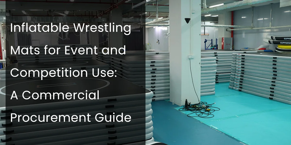 Stacks of inflatable wrestling mats in a storage area, indicating commercial use for events and competitions.