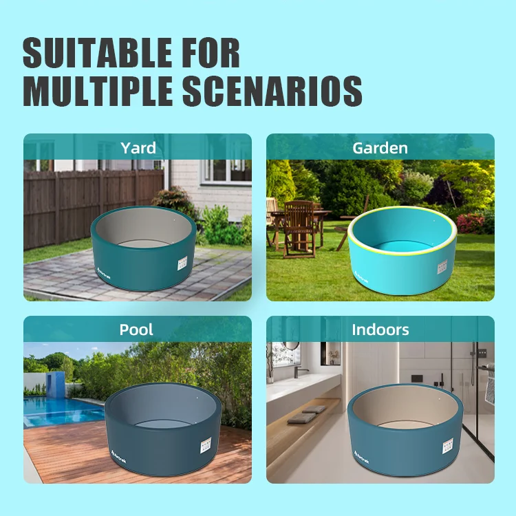 Collapsible pool showcased in yard, garden, poolside, and indoor settings, highlighting its versatility.