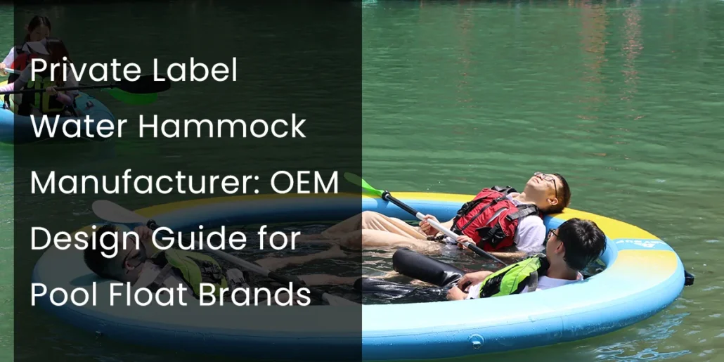 Group of people relaxing on a large inflatable water hammock on a lake with paddles visible, wearing life jackets.